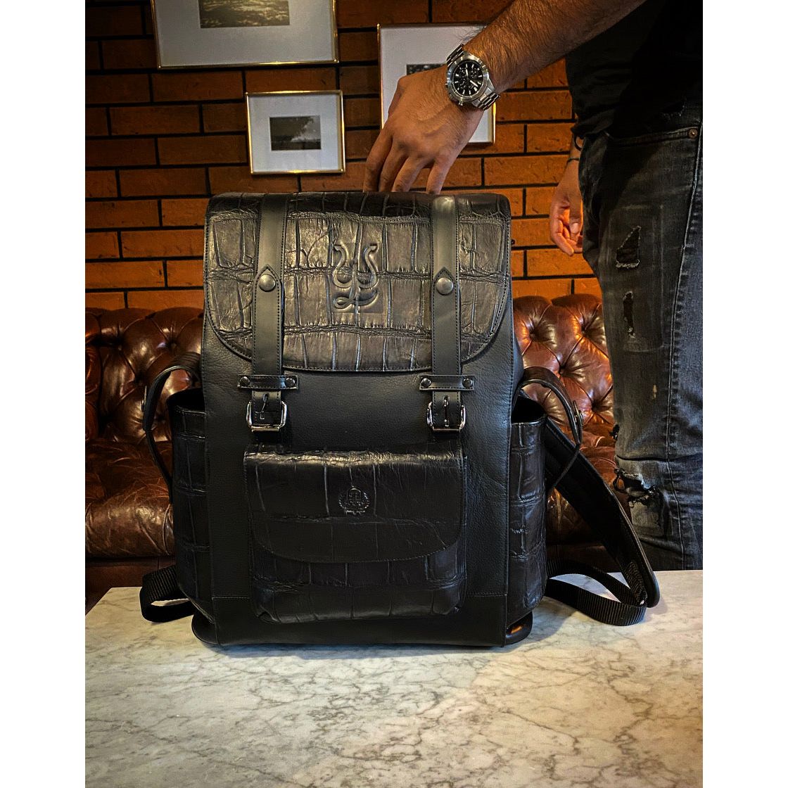 Backpack black Cocodrilo Genuino