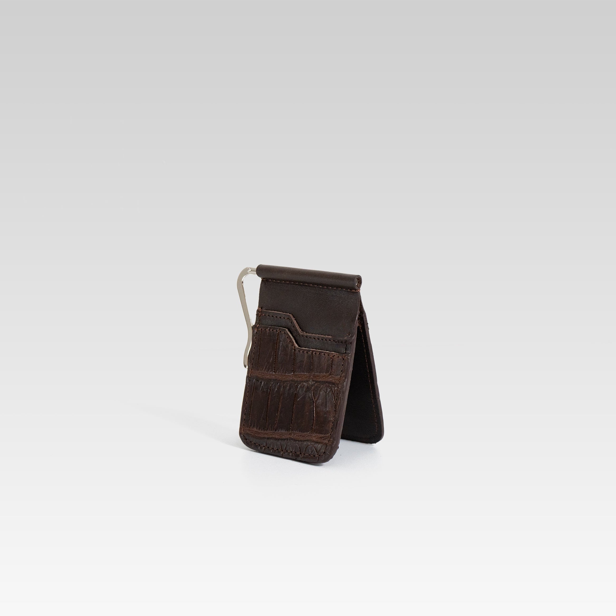 Billetera de Clip Cocodrilo Genuino Cafe