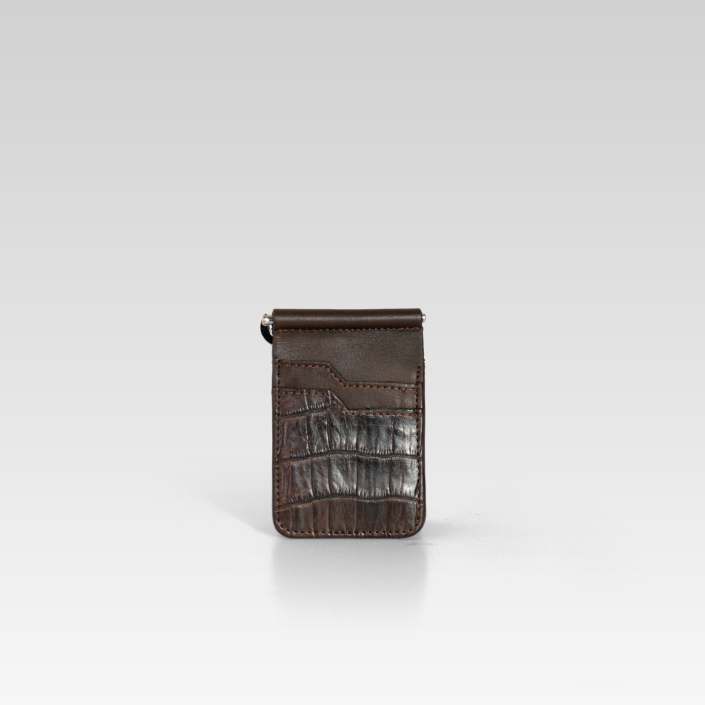 Billetera clip de piel de cocodrilo para hombre César café