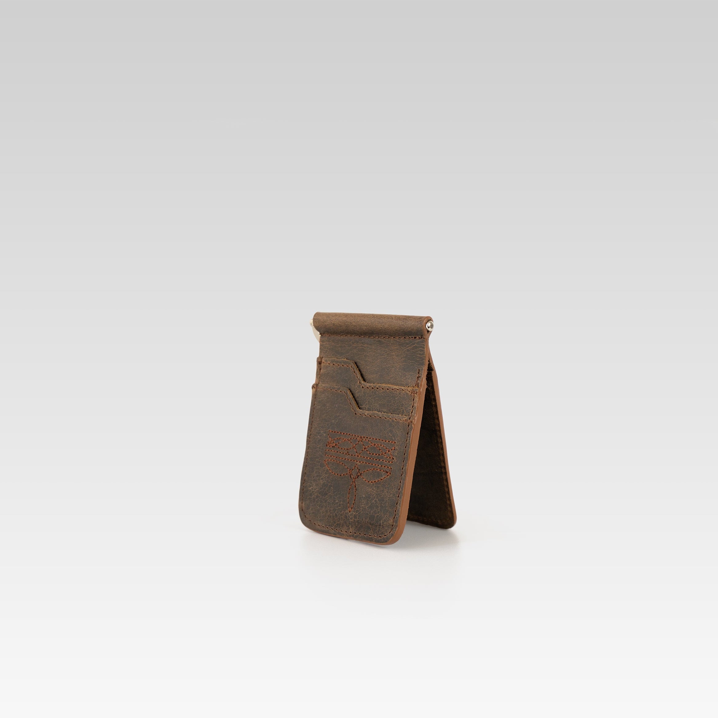 Billetera de clip César – Piel café bravo con ringle bordado café chocolate