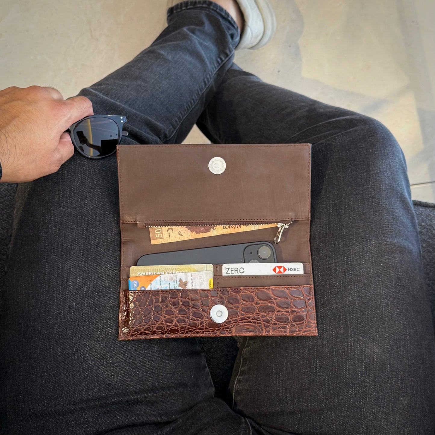 Billetera XL Cocodrilo genuino café