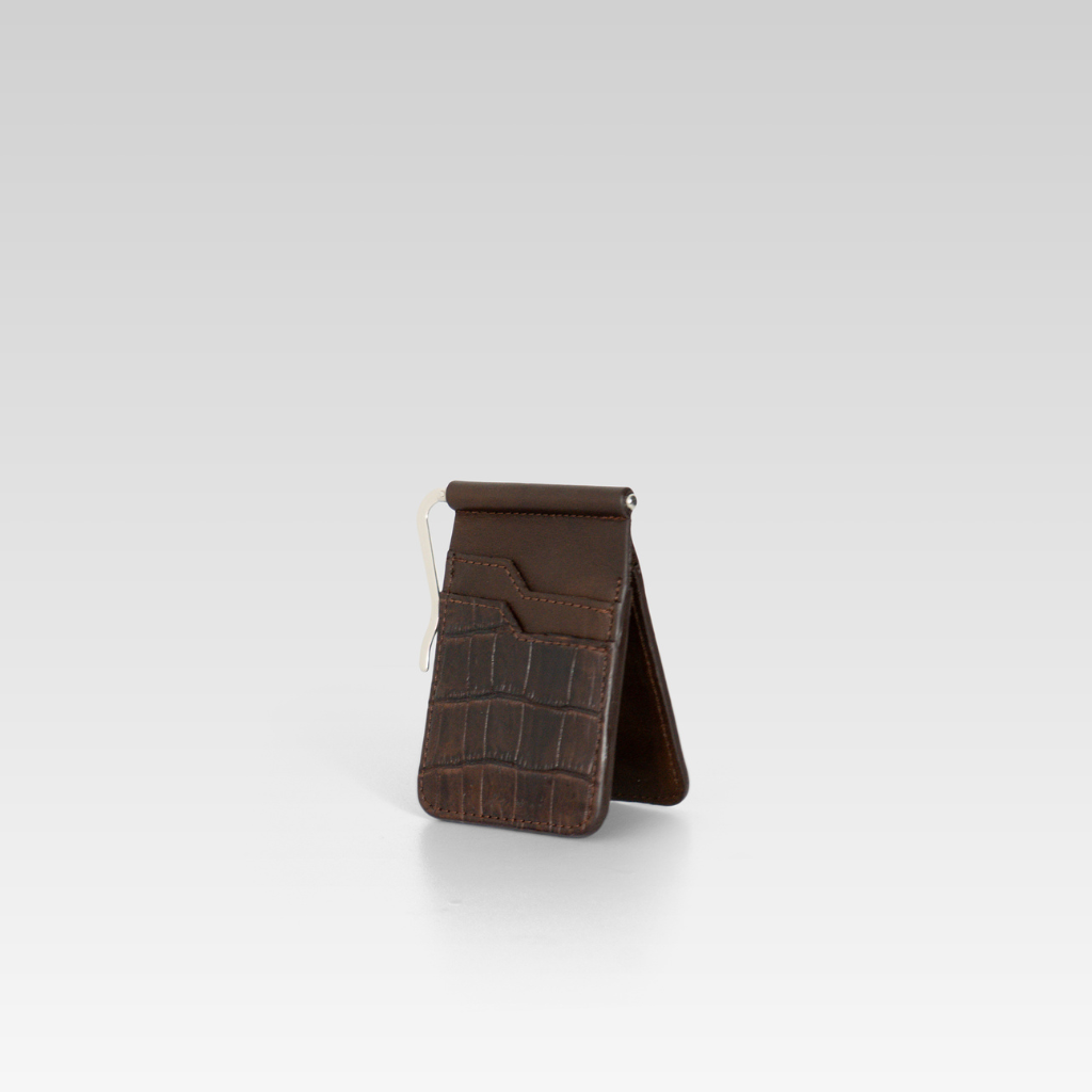 Billetera clip de piel de cocodrilo para hombre César café