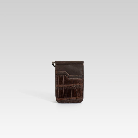 Billetera de Clip Cocodrilo Genuino Cafe