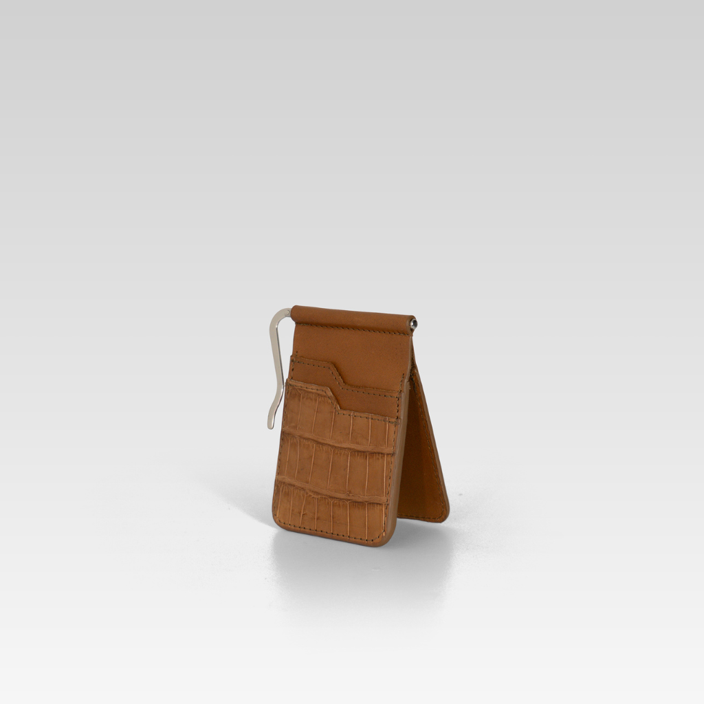 Billetera clip de piel de cocodrilo para hombre César miel