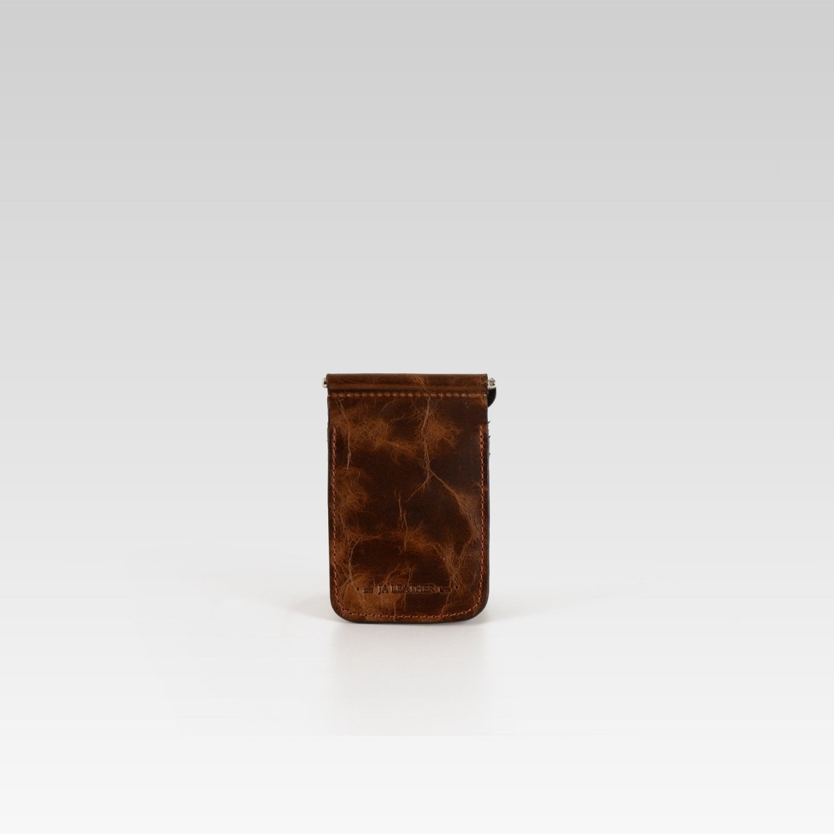 Billetera de clip César – Piel café cerro con ringle bordado naranja. - JA LEATHER