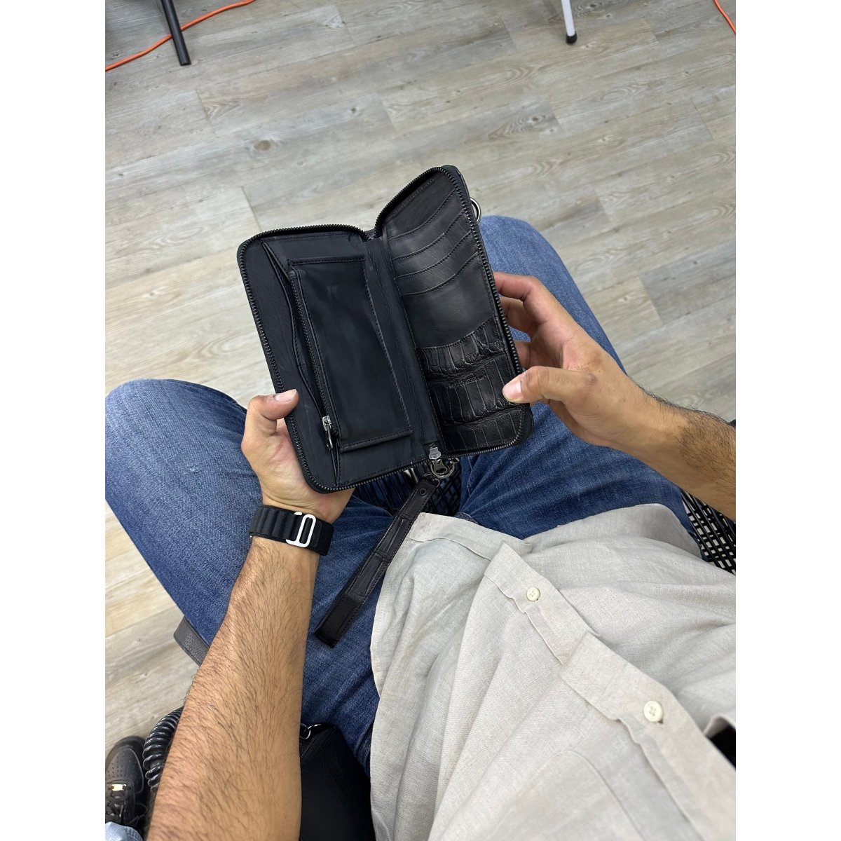 Cartera/Neceser Large Walker 1C cocodrilo genuino negro - JA LEATHER