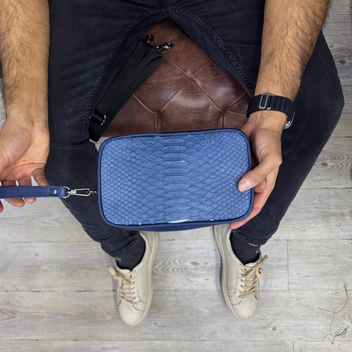Neceser de piel para hombre Alberto piton azul - JA LEATHER