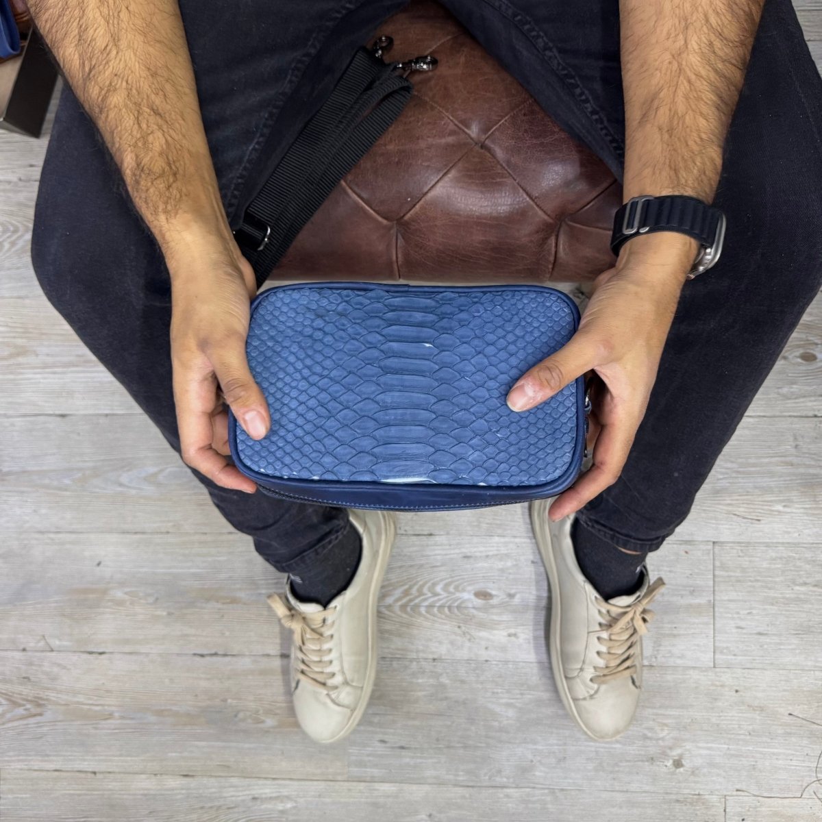Neceser de piel para hombre Alberto piton azul - JA LEATHER