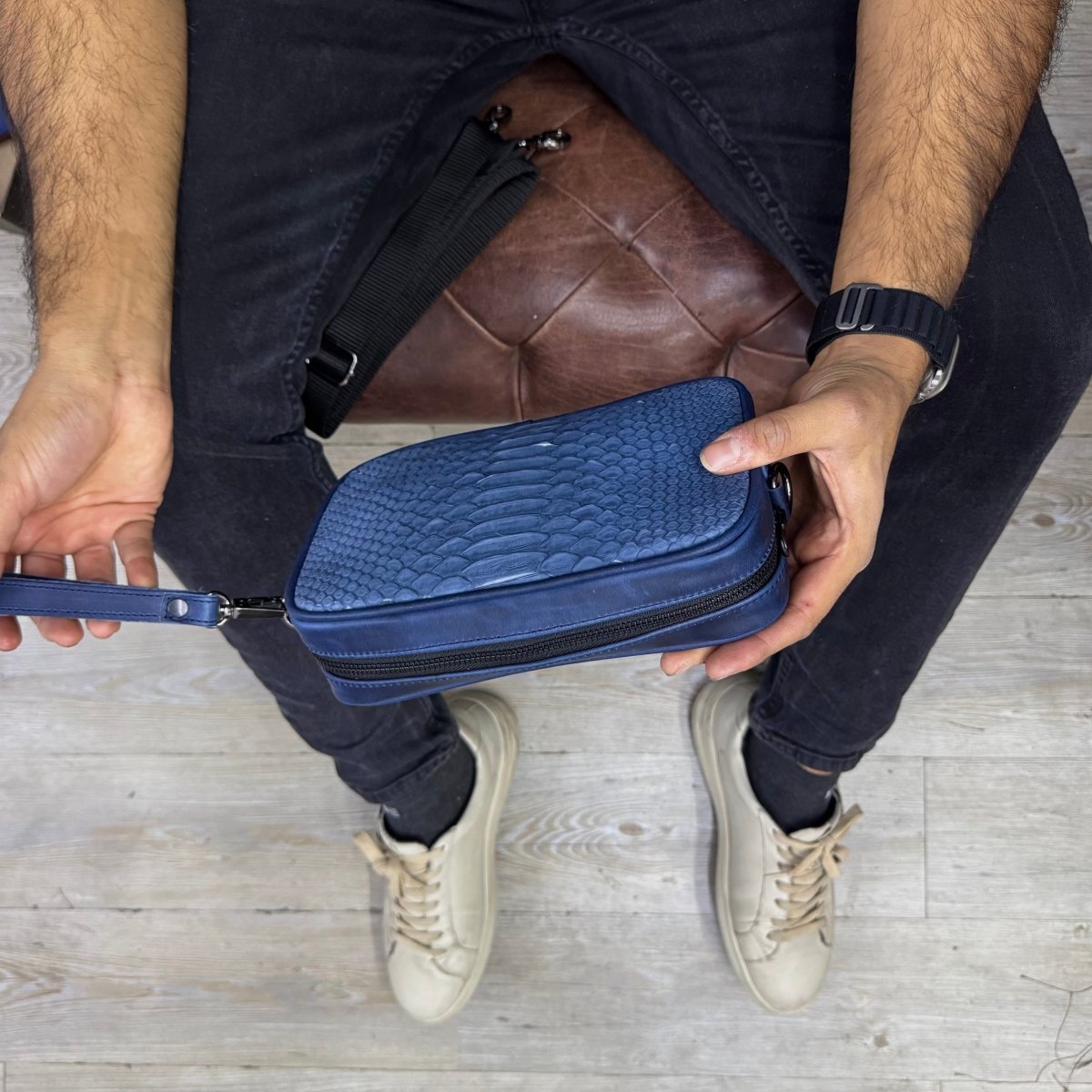 Neceser de piel para hombre Alberto piton azul - JA LEATHER